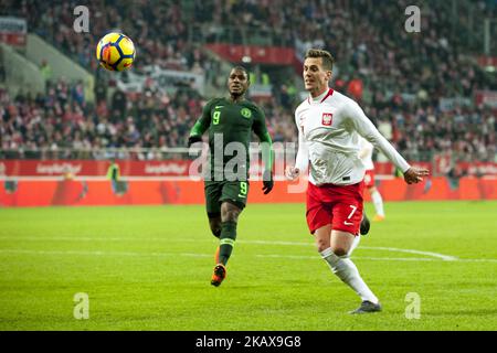 Arkadiusz Milik, de Pologne, photographié en action lors du match international amical entre la Pologne et le Nigeria au stade Wroclaw de Wroclaw, Pologne sur 23 mars 2018 (photo par Andrew Surma/NurPhoto) Banque D'Images