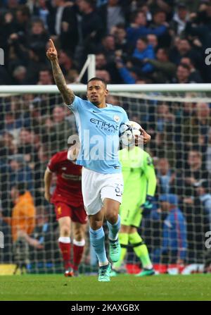 Gabriel Jesus de Manchester City célèbre son premier but lors du match de deuxième étape de la finale de la Ligue des champions de l'UEFA entre Manchester City et Liverpool au stade de la ville d'Etihad sur 10 avril 2018, à Manchester, en Angleterre. (Photo de Kieran Galvin/NurPhoto) Banque D'Images