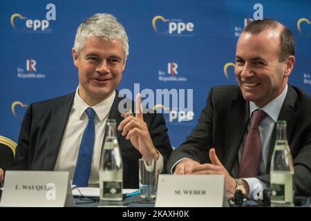 Conférence de presse avec Laurent Wauquiez, Président du groupe républicain, Joseph Daul, Président du PPE, Manfred Weber, Président du groupe PPE, Françoise Grossetête, Vice-Présidente du groupe PPE et Franck Proust, Président de la délégation française du groupe PPE à l'hôtel Sofitel de Lyon, France, 12 avril 2018. Nadine Morana, Brice Hortefeux et Michelle Alliot Marie étaient également présentes à la conférence de presse. (Photo de Nicolas Liponne/NurPhoto) Banque D'Images