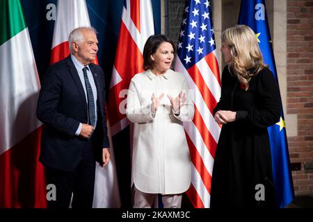 (LR) Josep Borrell, haute représentante de l'UE pour les affaires étrangères et la politique de sécurité, Annalena Baerbock, ministre fédérale des affaires étrangères, et Melanie Joly, ministre des affaires étrangères du Canada, photographiées lors de la réunion des G7 ministres des affaires étrangères à Muenster, au 3 novembre 2022. Banque D'Images