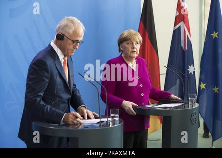 La chancelière allemande Angela Merkel et le Premier ministre australien Malcolm Turnbull sont photographiés lors d'une conférence de presse à la Chancellerie de Berlin, en Allemagne, sur 23 avril 2018. (Photo par Emmanuele Contini/NurPhoto) Banque D'Images