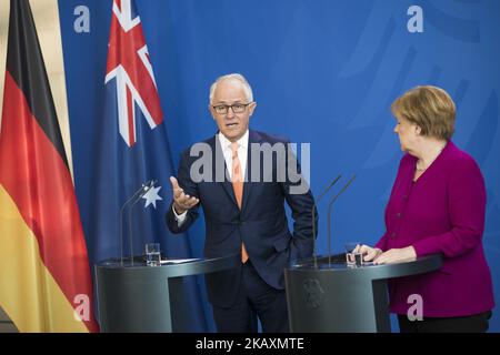 La chancelière allemande Angela Merkel et le Premier ministre australien Malcolm Turnbull sont photographiés lors d'une conférence de presse à la Chancellerie de Berlin, en Allemagne, sur 23 avril 2018. (Photo par Emmanuele Contini/NurPhoto) Banque D'Images