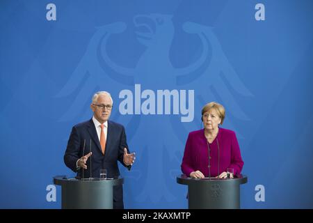 La chancelière allemande Angela Merkel et le Premier ministre australien Malcolm Turnbull sont photographiés lors d'une conférence de presse à la Chancellerie de Berlin, en Allemagne, sur 23 avril 2018. (Photo par Emmanuele Contini/NurPhoto) Banque D'Images