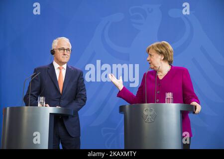 La chancelière allemande Angela Merkel et le Premier ministre australien Malcolm Turnbull sont photographiés lors d'une conférence de presse à la Chancellerie de Berlin, en Allemagne, sur 23 avril 2018. (Photo par Emmanuele Contini/NurPhoto) Banque D'Images