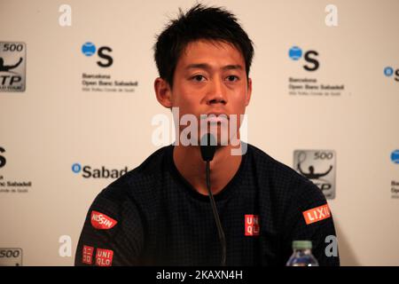 Key Nishikori lors de la conférence de presse lors de l'Open de Barcelone Banc Sabadell, le 24th avril 2018 à Barcelone, Espagne. Photo: Joan Valls/Urbanandsport /NurPhoto -- (photo par Urbanandsport/NurPhoto) Banque D'Images