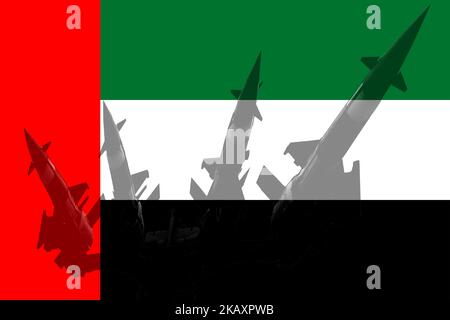 Système antiaérien de défense antimissile sur fond de drapeau des Émirats arabes Unis Banque D'Images