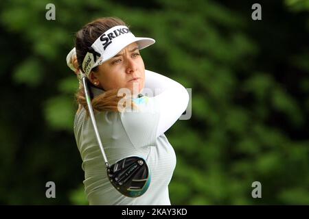 Hannah Green, de Perth, en Australie, suit son tir du tee de 5th lors de la troisième manche du championnat Volvik de la LPGA au country club de Travis Pointe à Ann Arbor, MI, sur 26 mai 2018. (Photo par Amy Lemus/NurPhoto) Banque D'Images