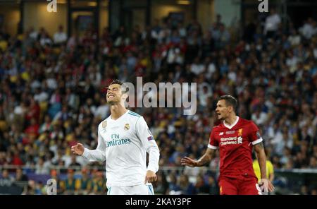 Cristiano Ronaldo, à gauche, du Real Madrid, réagit lors du match final de la Ligue des Champions entre le Real Madrid et Liverpool au stade olympique de Kiev. Ukraine, samedi, 26 mai 2018 (photo de Danil Shamkin/NurPhoto) Banque D'Images