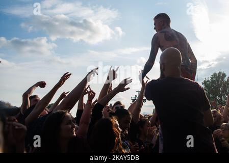 Le groupe de rock anglais Frank carter & The Rattlesnakes se produit sur scène à APE présente le festival al Victoria Park, Londres sur 1 juin 2018. Frank carter & The Rattlesnakes est un groupe de punk rock anglais formé en 2015 par l'ancien leader de Gallows and Pure Love Frank carter. (Photo par Alberto Pezzali/NurPhoto) Banque D'Images