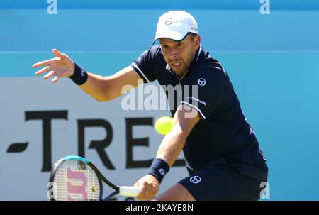 Gilles Muller (lux) en action pendant les Championnats de fièvre-arbre 1st Round Match entre Denis Shapovalov (CAN) contre Gilles Muller (lux) au Queen's Club, Londres, le 18 juin 2018 (photo de Kieran Galvin/NurPhoto) Banque D'Images