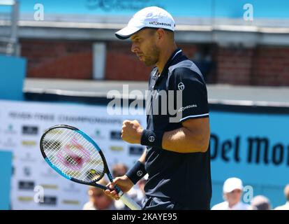 Gilles Muller (lux) en action pendant les Championnats de fièvre-arbre 1st Round Match entre Denis Shapovalov (CAN) contre Gilles Muller (lux) au Queen's Club, Londres, le 18 juin 2018 (photo de Kieran Galvin/NurPhoto) Banque D'Images