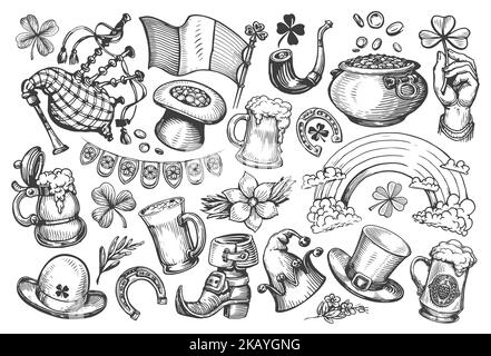 Croquis du concept de la Saint Patrick. Jeu de symboles de vacances irlandais. Illustrations de collection dessinées dans un style de gravure vintage Banque D'Images