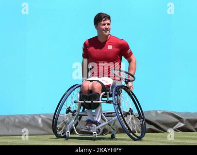 Gordon Reid en action pendant le match de compétition en fauteuil roulant des Championnats Fever-Tree entre Gordon Reid et Nicolas Peifer (FRA) au Queen's Club, Londres, le 22 juin 2018 (photo de Kieran Galvin/NurPhoto) Banque D'Images