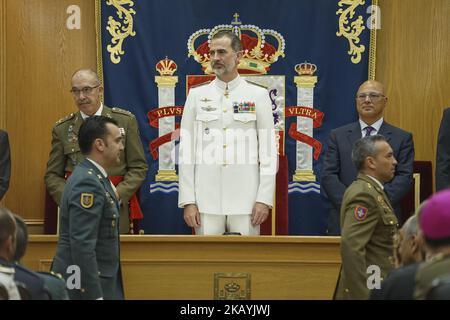 Le roi d'Espagne Felipe VI lors de la cérémonie de clôture du cours d'état-major général 19th de l'Académie des forces armées espagnoles à Madrid, Espagne, 25 juin 2018 (photo d'Oscar Gonzalez/NurPhoto) Banque D'Images