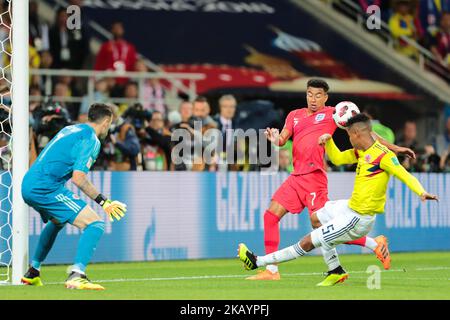 Gardien de but David Ospina de l'équipe nationale de Colombie , milieu de terrain Jesse Lingard de l'équipe nationale d'Angleterre et milieu de terrain Wilmar Barrios de Colombie équipe nationale pendant la ronde de 16 match entre la Colombie et l'Angleterre à la coupe du monde de la FIFA 2018 au stade Spartak à Moscou, Russie, mardi, 3 juillet 2018. (Photo par Anatolij Medved/NurPhoto) Banque D'Images