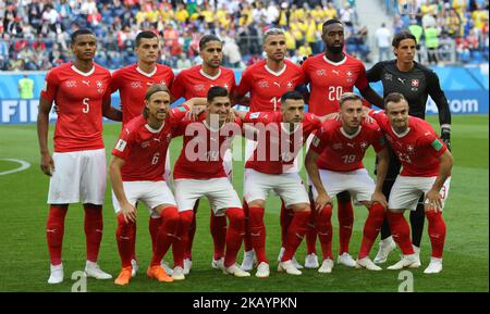 Joueurs de l'équipe nationale de football suisse lors du match de la coupe du monde de la FIFA 2018, Round 16 entre la Suède et la Suisse au stade de Saint-Pétersbourg sur 03 juillet 2018 à Saint-Pétersbourg, Russie. (Photo par Igor Russak/NurPhoto) Banque D'Images