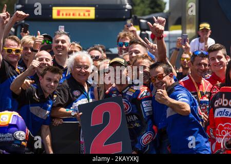 Michael Van Der Mark de Pata Yamaha l'équipe officielle WorldSBK célèbre la deuxième place de la course 2 du Championnat de Superbike Motul FIM, Riviera di Rimini Round, au circuit mondial Misano 'marco Simoncelli', sur 08 juillet 2018 à Misano, Italie (photo de Danilo Di Giovanni/NurPhoto) Banque D'Images