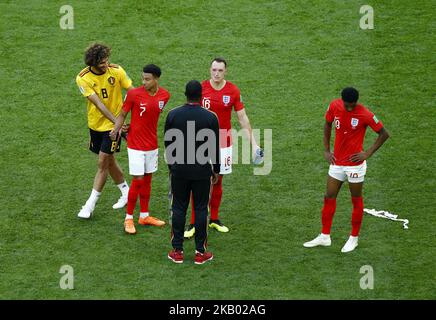 Angleterre contre Belgique - jouez pour la troisième place finale de la coupe du monde de la FIFA Russie 2018. Jesse Lingard, Phil Jones, Marcus Rashford d'Angleterre avec les coéquipiers de Manchester United Romelu Lukaku et Marouane Fellaini (Belgique) au Stade de Saint-Pétersbourg à Saint-Pétersbourg, Russie sur 14 juillet 2018. (Photo de Matteo Ciambelli/NurPhoto) Banque D'Images