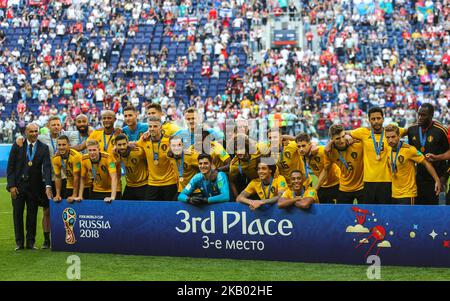 Les joueurs de l'équipe nationale de football belge après la coupe du monde de la FIFA 2018 Russie 3rd placent le match de Playoff entre la Belgique et l'Angleterre au stade de Saint-Pétersbourg sur 14 juillet 2018 à Saint-Pétersbourg, en Russie. (Photo par Igor Russak/NurPhoto) Banque D'Images