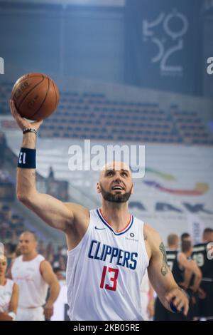 Marcin Gortat lors du match de basket-ball caritatif « Gortat Team » (célébrités) contre l'armée polonaise, organisé par Marcin Gortat (joueur de la NBA), à l'Atlas Arena de Lodz, Pologne, le 21 juillet 2018 (photo de Mateusz Wlodarczyk/NurPhoto) Banque D'Images