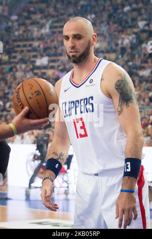 Marcin Gortat lors du match de basket-ball caritatif « Gortat Team » (célébrités) contre l'armée polonaise, organisé par Marcin Gortat (joueur de la NBA), à l'Atlas Arena de Lodz, Pologne, le 21 juillet 2018 (photo de Mateusz Wlodarczyk/NurPhoto) Banque D'Images