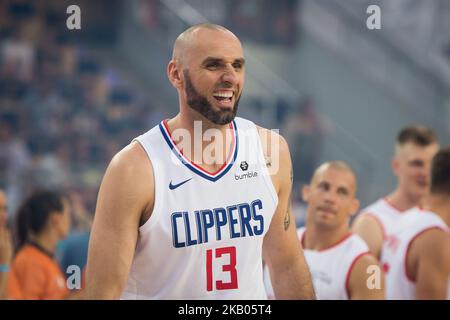 Marcin Gortat lors du match de basket-ball caritatif « Gortat Team » (célébrités) contre l'armée polonaise, organisé par Marcin Gortat (joueur de la NBA), à l'Atlas Arena de Lodz, Pologne, le 21 juillet 2018 (photo de Mateusz Wlodarczyk/NurPhoto) Banque D'Images