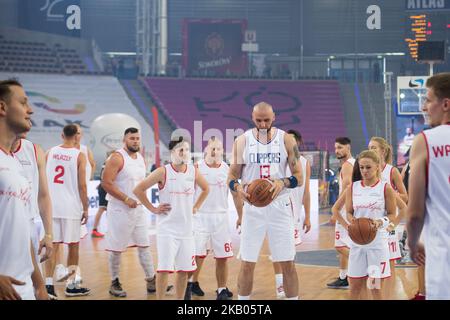 Marcin Gortat lors du match de basket-ball caritatif « Gortat Team » (célébrités) contre l'armée polonaise, organisé par Marcin Gortat (joueur de la NBA), à l'Atlas Arena de Lodz, Pologne, le 21 juillet 2018 (photo de Mateusz Wlodarczyk/NurPhoto) Banque D'Images