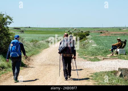 07/25/2018, Espagne. Le Camino de Saint-Jacques (la voie de Saint-Jacques) est un grand réseau d'anciens itinéraires de pèlerin qui s'étendent à travers l'Europe et se rassemblent sur le tombeau de Saint-Jacques (Saint-Jacques en espagnol) à Saint-Jacques-de-Compostelle dans le nord-ouest de l'Espagne. Chaque année, des centaines de milliers de personnes de divers horizons marchent le Camino de Santiago soit par eux-mêmes, soit en groupes organisés. L'itinéraire le plus populaire (qui devient très fréquenté en milieu d'été) est le Camino Francés qui s'étend sur 780 km (près de 500 miles) de Saint-Jean-pied-du-Port en France à Santiago. La coquille festonnée est la plus emblématique Banque D'Images