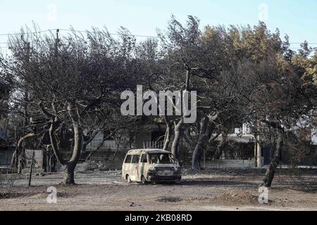 Photos de voitures détruites et brûlées de l'incendie de Mati, Attica, le 23 juillet 2018. Les voitures de la zone plus large de Mati et Neos Voutsas dans l'est de l'Attique près d'Athènes après l'incendie. L'aluminium des roues fond et se liquéfie, la température de fusion de l'aluminium est de 660,3 °C. Le feu qui a eu lieu le 23 juillet 2018 a été l'un des plus fidèles du siècle. Le nombre de morts a été élevé à plus de 90 victimes. Beaucoup de gens manquent encore et la recherche est toujours en cours. La région est toujours sans électricité. Le premier compte a été que 2500 maisons ont été détruites. 28 juillet 2018 - Mati, Banque D'Images