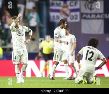 Le défenseur espagnol du Real Madrid, Sergio Ramos (L), et le défenseur brésilien du Real Madrid, Marcelo (R), lors de la Super coupe de l'UEFA entre le Real Madrid et l'Atletico Madrid, au stade Lillekula sur 15 août 2018, à Tallinn, en Estonie. (Photo par Raddad Jebarah/NurPhoto) Banque D'Images