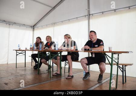 De gauche à droite: Perttu Kivilaakso, Mikko Siren, Eicca Toppinen et Paavo Lotjonen d'Apocalypse pendant Varna Mega Rock.des milliers de personnes ont assisté à la première édition de Varna Mega Rock, qui a pris part au port de Varna sur 19 août 2018. Dans les trois jours des concerts ont pris part Bulgares et des groupes de renommée mondiale et le dernier jour de la fin du concert avec Apocalypse et Nightwish Varna, Bulgarie sur 19 août 2018 (photo de Hristo Rusev/NurPhoto) Banque D'Images