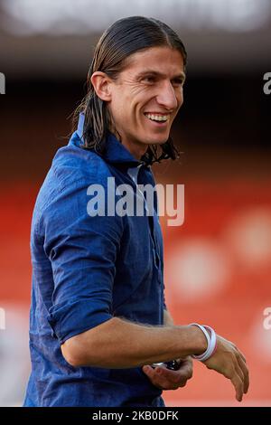 Filipe Luis Kasmirski de l'Atlético de Madrid sourit avant le match de la Liga entre Valencia CF et le Club Atletico de Madrid à Mestalla on 20 août 2018 à Valence, Espagne (photo de David Aliaga/NurPhoto) Banque D'Images