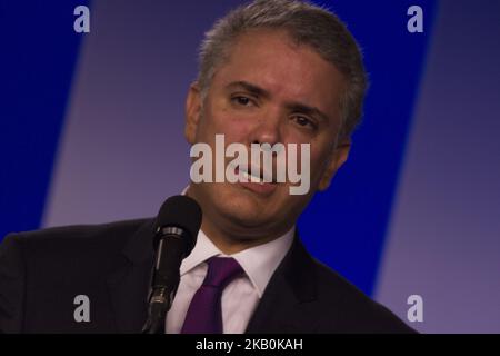 Le Président colombien Ivan Duque lors d'une conférence de presse au Palais présidentiel de Bogota, en Colombie. (Photo de Daniel Garzon Herazo/NurPhoto) Banque D'Images