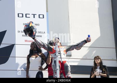 Felicity sur le podium fin de la course 04 Andrea DOVIZIOSO ITA Ducati Team Ducati MOTOGP au Misano World circuit Marco Simoncelli, Italie treizième tour du MotoGP Word Championship Gran Premio Octo di San Marino e della Riviera di Rimini 07 Set - 09 Set , 2018 à Misano, Italie sur 9 septembre 2018. (Photo de Fabio Averna/NurPhoto) Banque D'Images