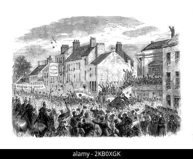 La scène des élections dans la rue Parliament, Kilkenny City, où George Leopold Bryan, shérif élevé du comté de Kilkenny et bien connu pour son intérêt pour les chevaux de course et la chasse au renard est devenu l'un des deux députés de Co. Kilkenny, de 1865 à 1880. Élu avec un soutien clérical comme libéral, mais jamais éminent, il a assisté à la conférence sur la règle du pays qui s'est tenue à la Rotunda, au cours de laquelle la Ligue de la règle du pays a été formée en novembre 1873, mais en juillet 1876 il avait des doutes sur la règle du pays. Banque D'Images