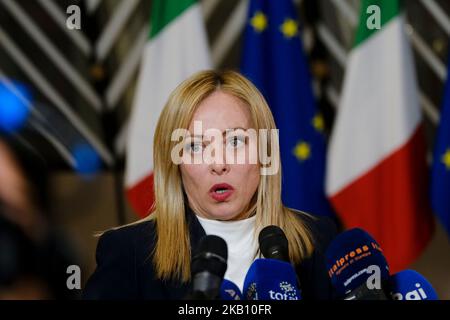 Bruxelles, Belgique. 03rd novembre 2022. Le nouveau Premier ministre italien Giorgia Meloni s'adresse à la presse à la suite d'une réunion au siège du Conseil européen à Bruxelles, Belgique, sur 3 novembre 2022. Crédit: ALEXANDROS MICHAILIDIS/Alamy Live News Banque D'Images