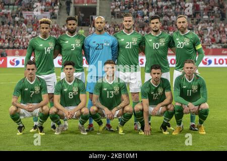 L'équipe nationale irlandaise de football pose pour la photo lors du match international amical entre la Pologne et la République d'Irlande au stade Wroclaw à Wroclaw, Pologne sur 11 septembre 2018 (photo par Andrew Surma/NurPhoto) Banque D'Images