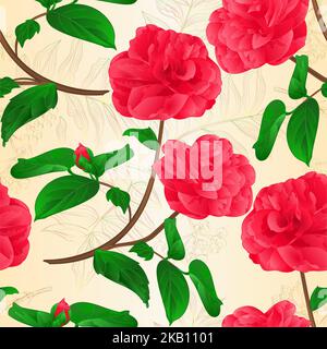 Texture sans couture Camellia Japonica fleurs avec bourgeons fond naturel vintage vecteur illustration modifiable main dessiner Illustration de Vecteur