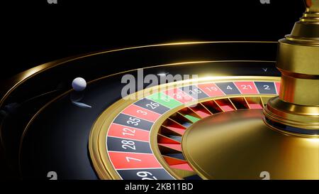 Une boule blanche roulant sur une roulette noire et or dans le Casino, 3D rendu Banque D'Images