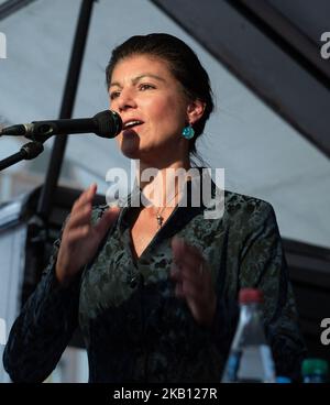 Le chef de faction de Die LINKE (la gauche) au Parlement allemand (Bundestag), Sahra Wagenknecht, a pris la parole sur la Marienplatz de Munich lors d'une campagne électorale. Les élections auront lieu sur 14 octobre. (Photo par Alexander Pohl/NurPhoto) Banque D'Images