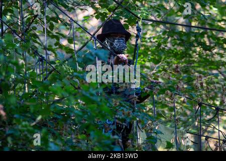 La police allemande a continué à raid sur trois maisons à l'occupation forestière de Hambacher d'écologistes qui protestent contre la mine de charbon ouverte par la société allemande d'énergie RWE, sur 14 septembre 2018. Des unités spéciales de police de l'escalade des arbres ont été déployées pour défrider les maisons des arbres. (Photo de David Speier/NurPhoto) Banque D'Images