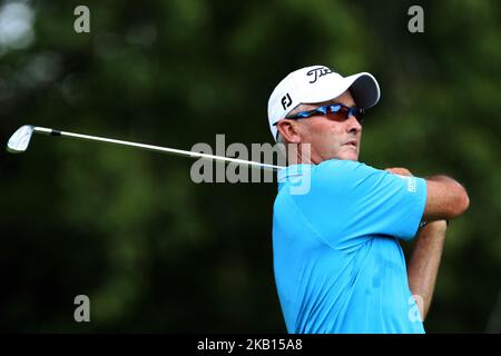 David McKenzie, de Melbourne, Australie, suit son tir du tee-shirt 3rd lors de la dernière partie du tournoi de golf The Ally Challenge présenté par McLaren au Warwick Hills Golf & Country Club à Grand blanc, MI, USA Sunday, 16 septembre 2018. (Photo par Amy Lemus/NurPhoto) Banque D'Images