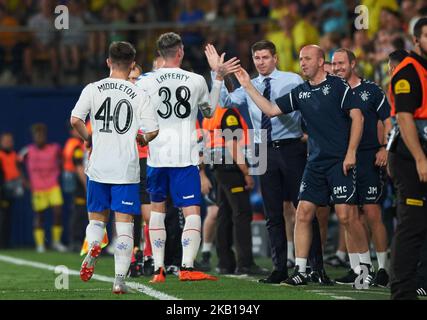 Kyle Lafferty et Steven Gerrard du FC Rangers célèbrent un but lors du match de l'UEFA Europa League Group G entre le FC Villarreal et le FC Rangers au stade la Ceramica sur 20 septembre 2018 à Vila-Real, en Espagne. (Photo de Maria Jose Segovia/NurPhoto) Banque D'Images