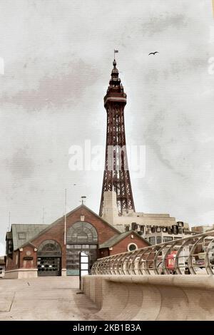 Peinture aquarelle sur toile. Blackpool Angleterre. Illustration de voyage. Banque D'Images