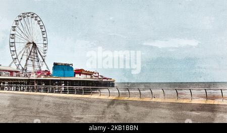 Peinture aquarelle sur toile. Blackpool Angleterre. Illustration de voyage. Banque D'Images