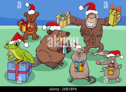 Illustration de dessin animé de drôle de groupe de personnages animaux avec des cadeaux à l'heure de Noël Illustration de Vecteur