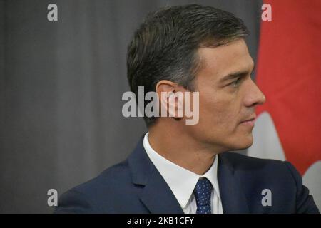 Le Premier ministre du Canada, Justin Trudeau, tient une rencontre bilatérale avec le Premier ministre espagnol, Pedro Sánchez, dans la salle Monet de l'hôtel Sofitel Montreal Golden Mile à Montréal, Québec, Canada, on 23 septembre 2018. (Photo de Kyle Mazza/NurPhoto) Banque D'Images