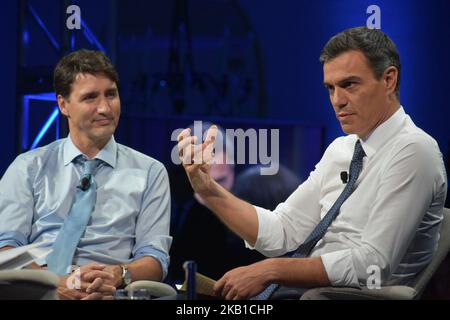Le Premier ministre canadien Justin Trudeau participe à une discussion avec le Premier ministre espagnol Pedro Sánchez à Montréal, Québec, Canada sur 23 septembre 2018 (photo de Kyle Mazza/NurPhoto) Banque D'Images