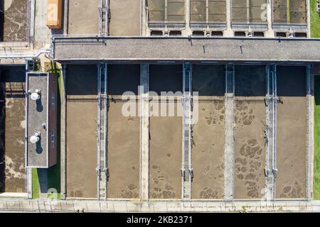 Vue aérienne de l'installation de traitement des eaux usées, de la société de traitement des eaux usées, de la société de traitement des eaux usées Banque D'Images