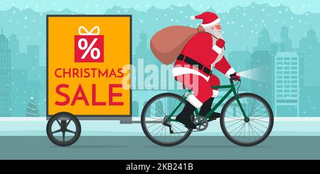 Santa Claus à vélo avec publicité de remorque dans la rue de la ville, concept de vente de Noël Illustration de Vecteur